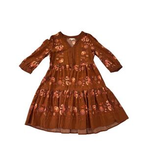 Fig + Flower Rust Brown Floral Embroidered Tiered Boho Mini Dress Large